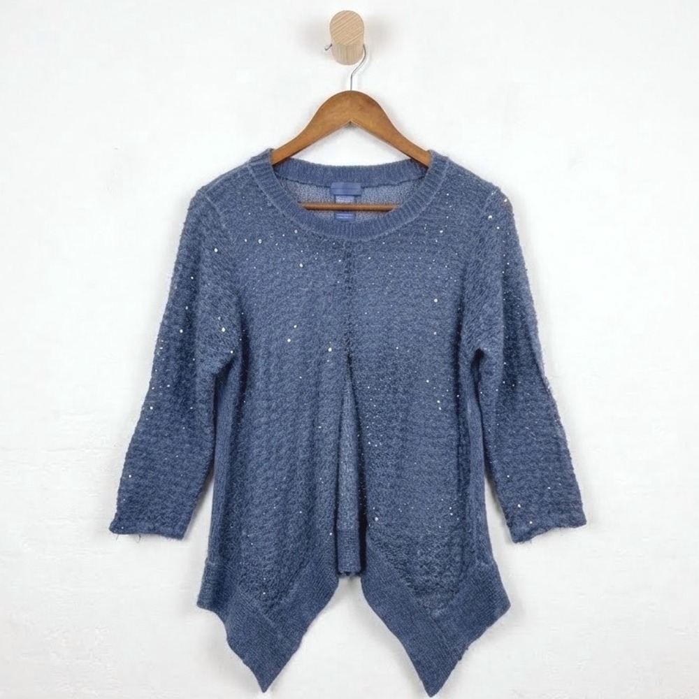 Soft Surroundings Blue Sequin Open-Knit Slouchy Top Coastal XS Mohair Wool